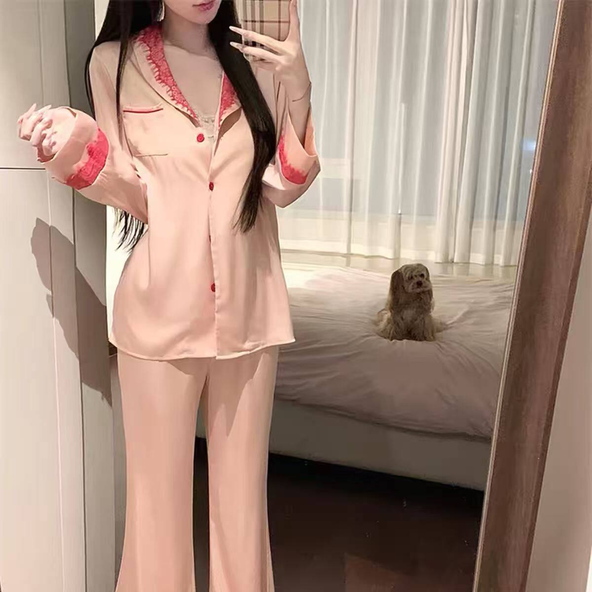 甜美可爱少女感蕾丝粉色冰丝长袖睡衣女秋季宽松长裤家居服套装潮