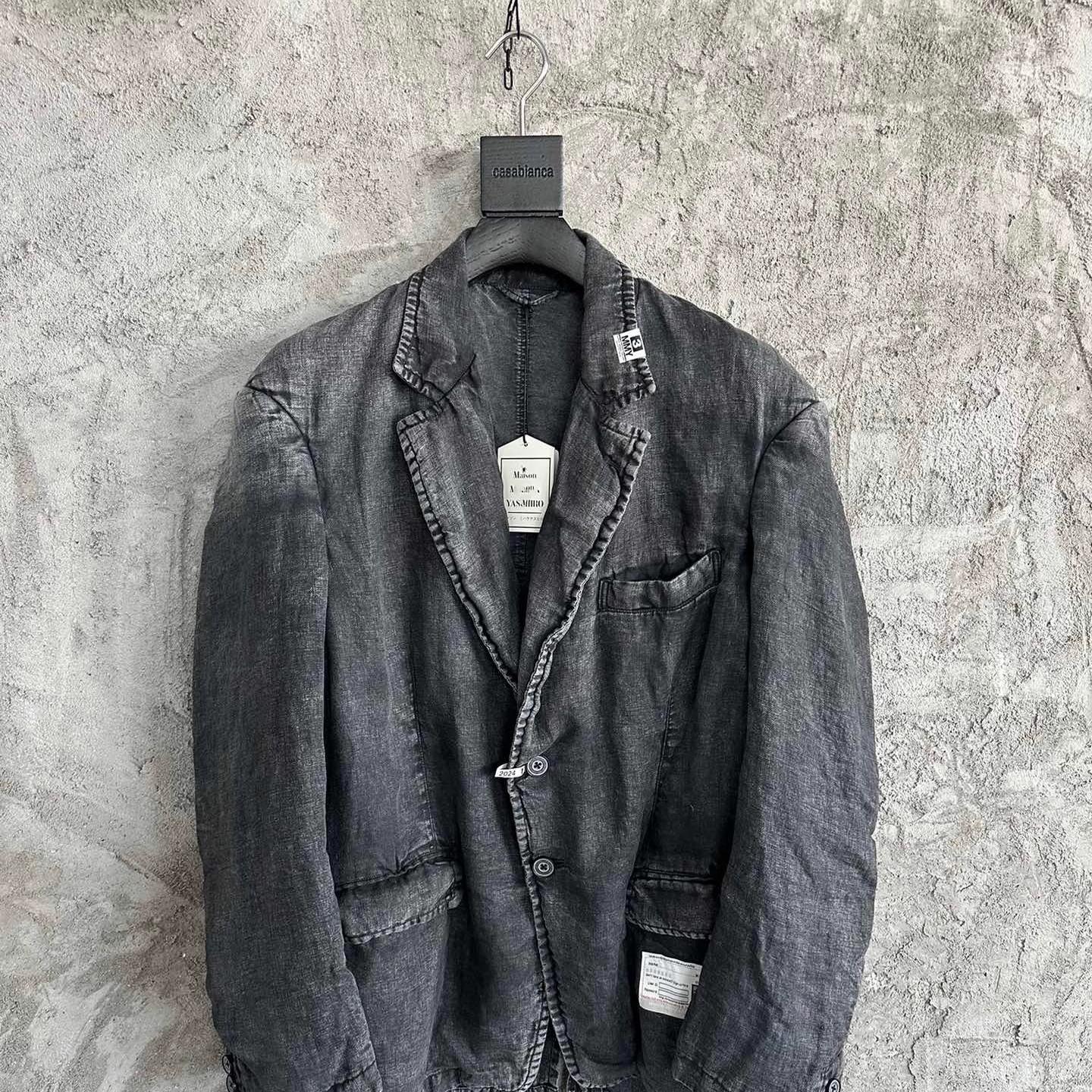 MMY新款复古做旧水洗休闲宽松翻领男款牛仔棉麻西服时尚外套上衣
