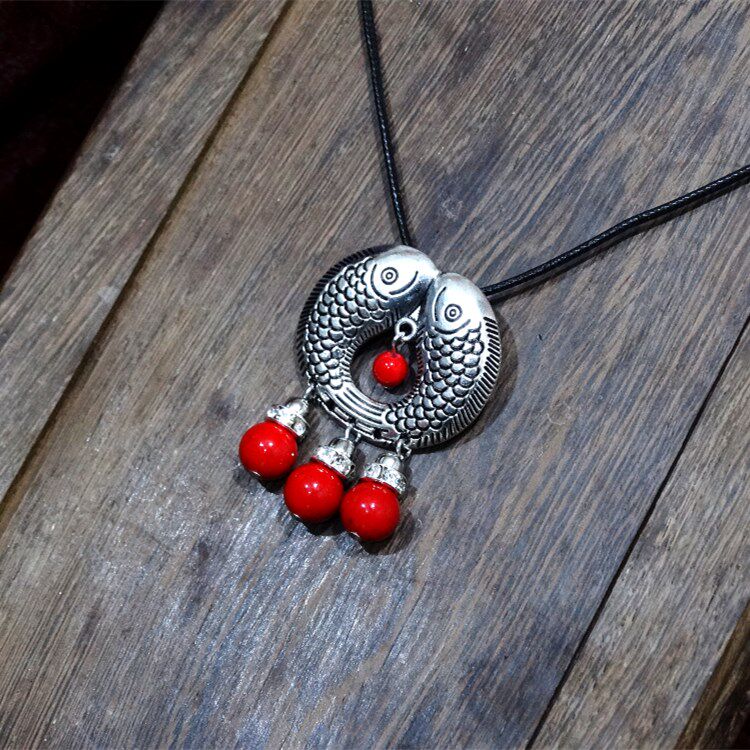 复古百搭松石项链双鱼新款项链民族风春夏棉麻配饰品女挂链吊坠