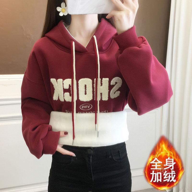 连帽卫衣女加绒加厚2024年秋冬季新款红色上衣宽松洋气潮韩版刺绣