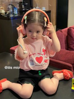 韩国童装米奥mio 女童夏季t恤 设计师洋气印花粉色花边短袖短裤