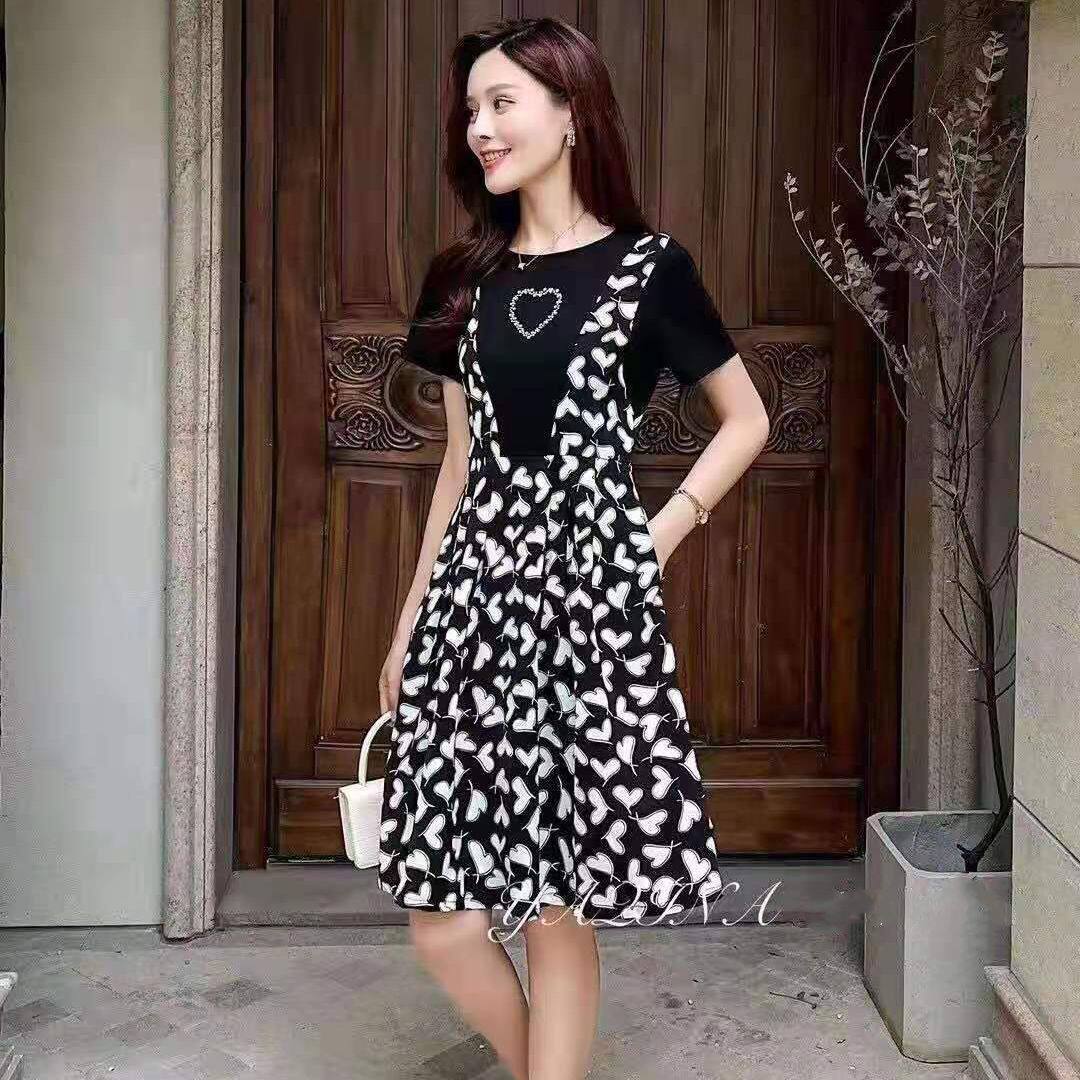 清仓捡漏黑色显瘦拼接假两件法式碎花连衣裙背带女小个子宽松中裙
