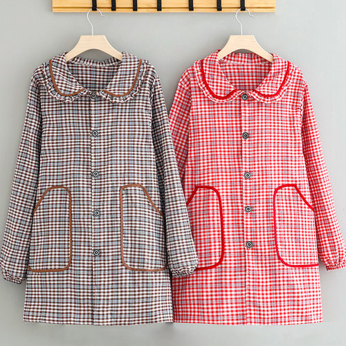 透气格子正穿棉布防污长袖围裙