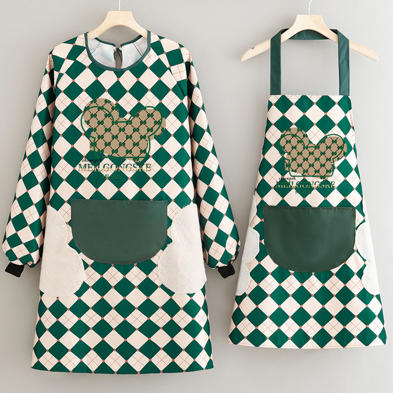长袖格子围裙防水防尘擦手防脏衣