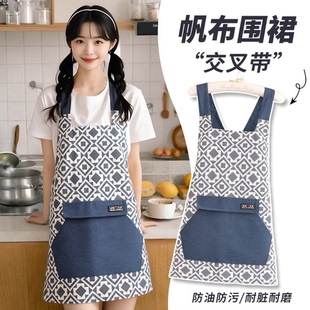 无袖 帆布围腰餐饮厨房做饭围裙女工作服家用透气防油污耐磨小清新
