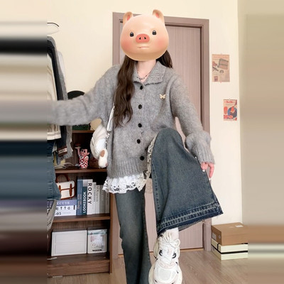 春装慵懒风灰色翻领针织