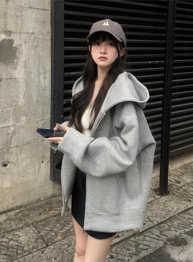 灰色卫衣女2025新款外套拉炼开衫爆款秋冬季连帽宽松加绒加厚上衣