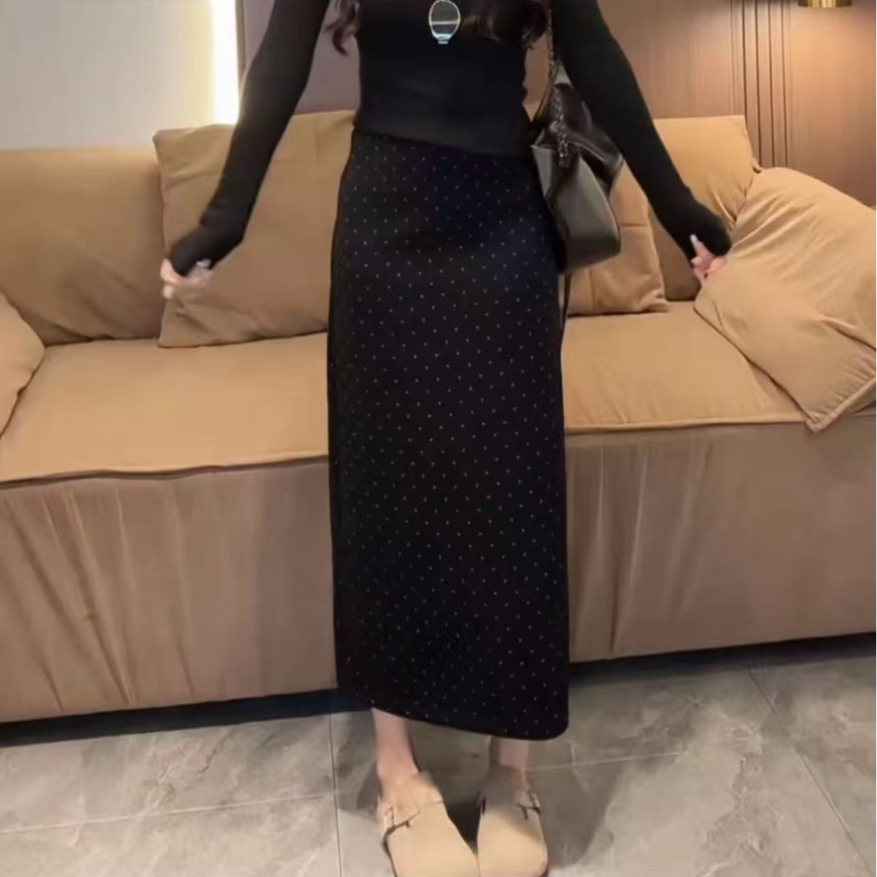 黑色波点高腰半身裙气质显瘦中长半身裙
