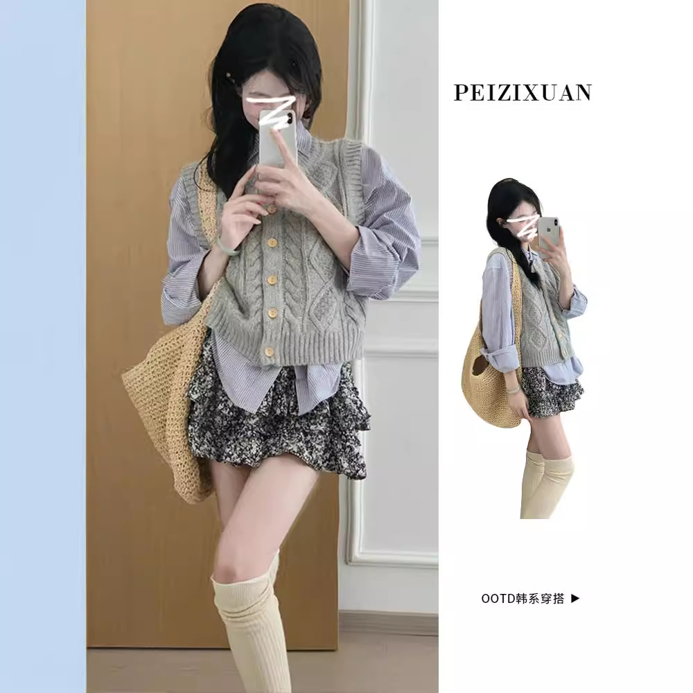 法式学院风衬衫叠穿灰色针织马甲背心女春秋季2024年新款外搭毛衣