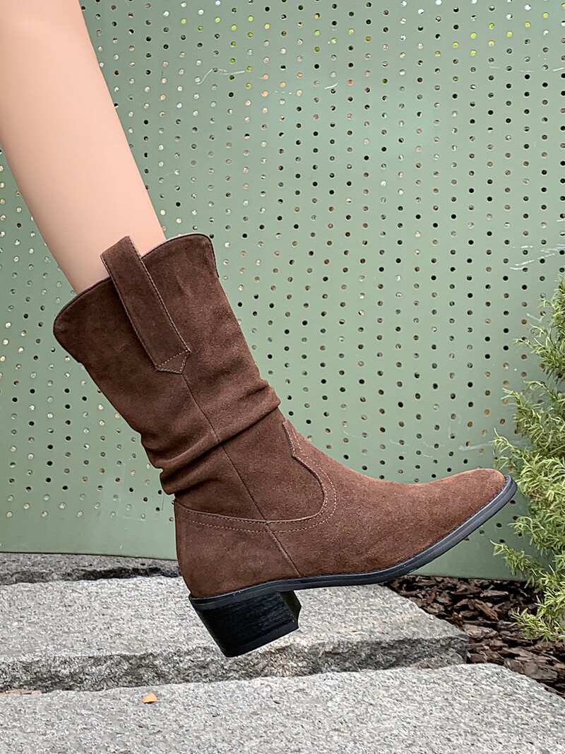 BRITISH-STYLE V-CUFF POINTED HEE HEAP PILE BOOTS BLOCK HEEL SUEDE WESTERN COWBOY BOOTS LEATHER BOOTS WOMENS PLEATED MID-HEEL ANKLE BOOTIES