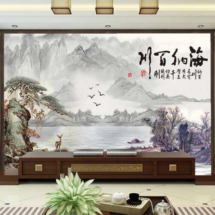 3D立体定制墙纸新中式山水画风景壁纸壁画客厅电视背景墙沙发墙布