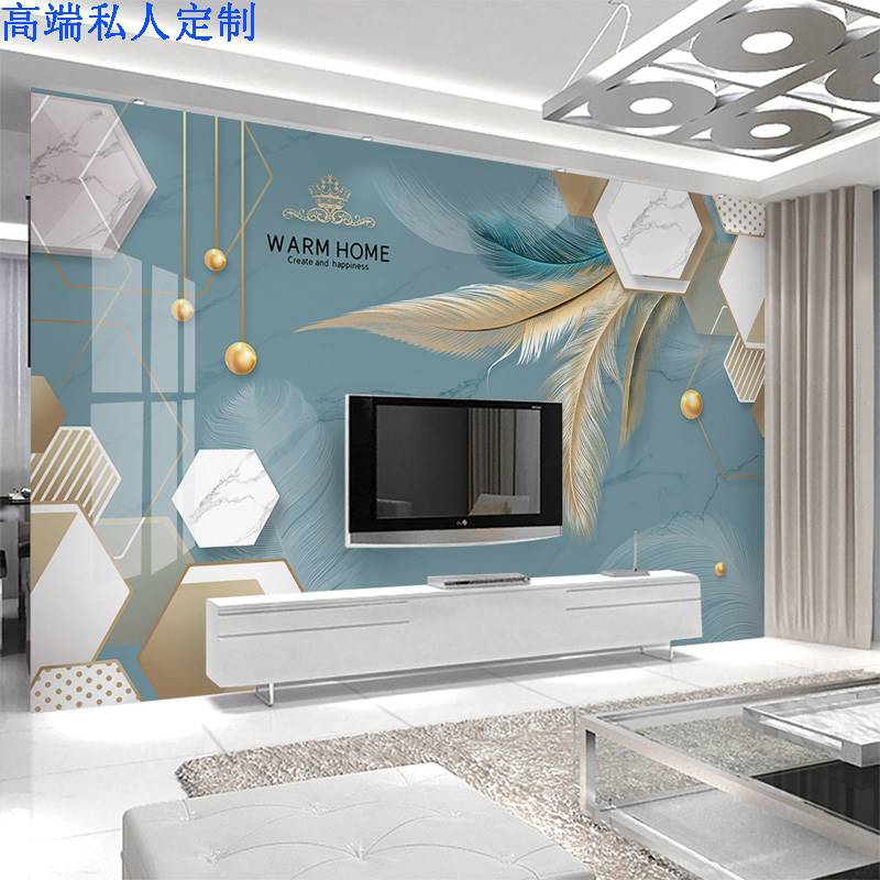 2022年仿大理石纹羽毛沙发电视背景墙壁纸8d轻奢麋鹿影视墙布壁画