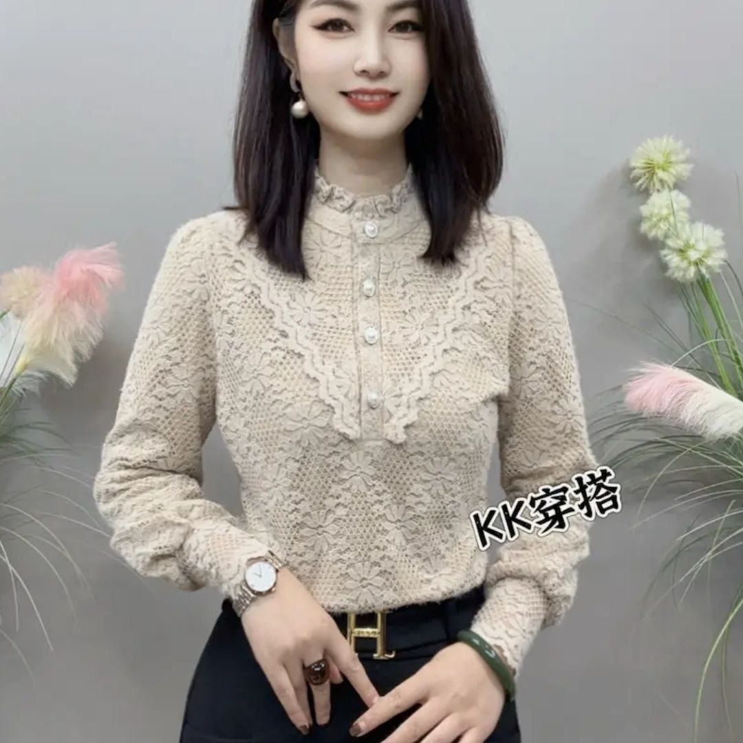 半高领加绒蕾丝打底衫女秋冬洋气内搭2025年新款高级感可外穿上衣