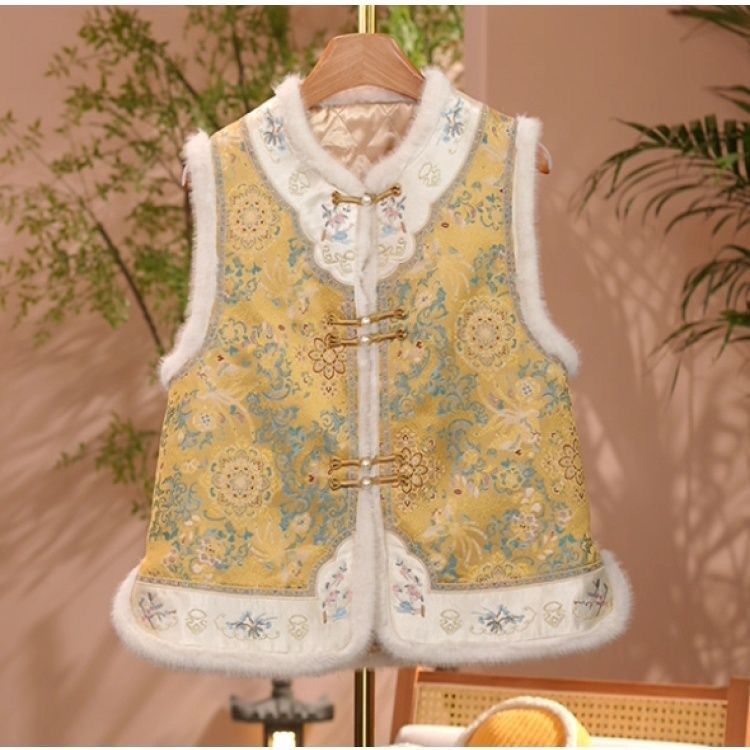 加棉加厚马甲秋冬新款国风盘扣拼接新中式百搭提花上衣无袖外套女