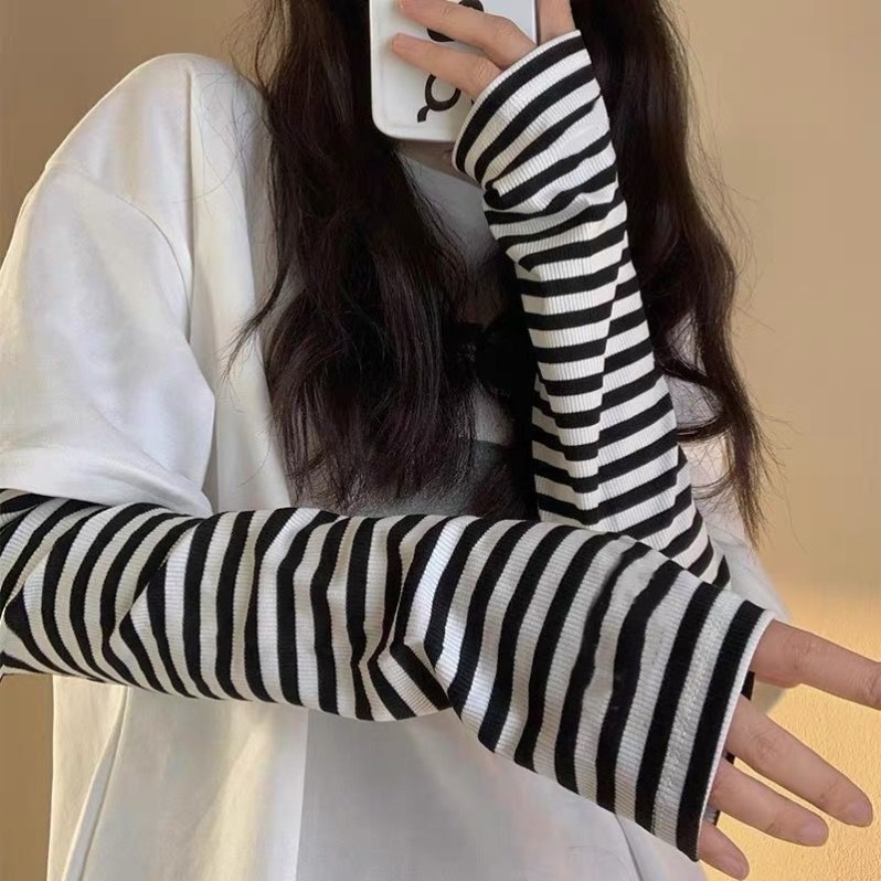 冰袖女款防晒夏季可爱2025新款户外防晒骑行百搭宽松护臂条纹袖套