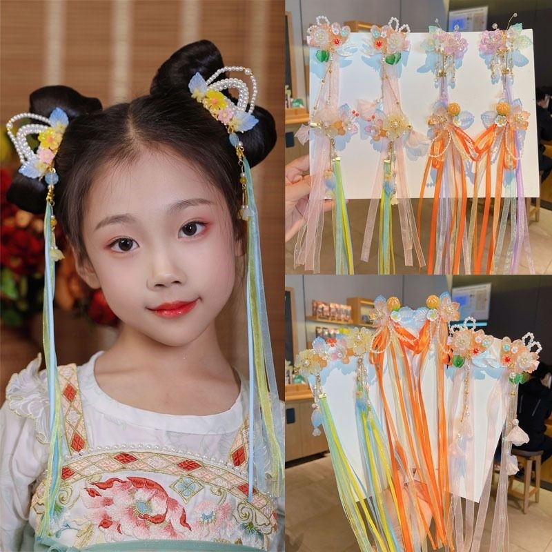 汉服头饰头花女款儿童配饰夹子女童发夹2026新款飘带古风发饰图片