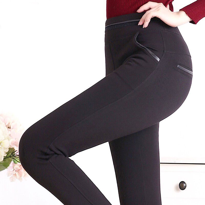 秋胖子秋冬季外穿打底裤加绒加厚保暖裤PU蕾丝小脚裤铅笔裤女裤子
