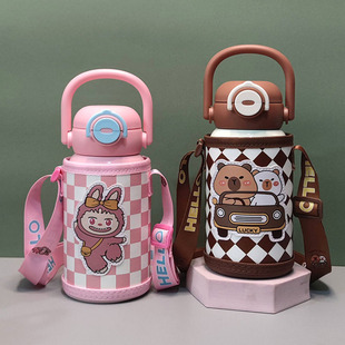 拉布布卡通儿童双饮保温杯带手提环水壶不锈钢两用水杯直饮吸管杯