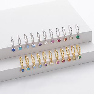 新款纯银耳钉925十二生辰石耳环简约气质彩宝耳扣轻奢高级女耳钉