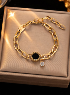 新品不锈钢单钻罗马数字手链女in百搭粗链高品质不掉色手饰