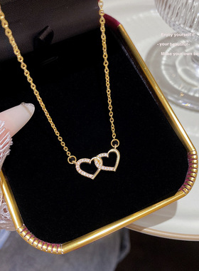 新款不掉色钛钢项链女百搭高级感爱情锁骨链网红颈链心心相印吊坠