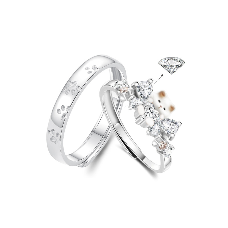 纯银猫咪恋人对戒萌趣创意猫爪设计感情侣戒指可调节指环