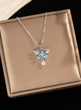 蓝色水晶锆石流苏项链女透光设计感百搭锁骨链小众清新小仙女