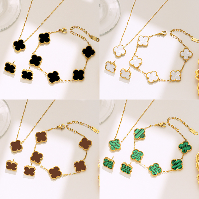 15MM四叶草套装项链女钛钢不掉色时尚百搭锁骨链网红气质手链耳钉