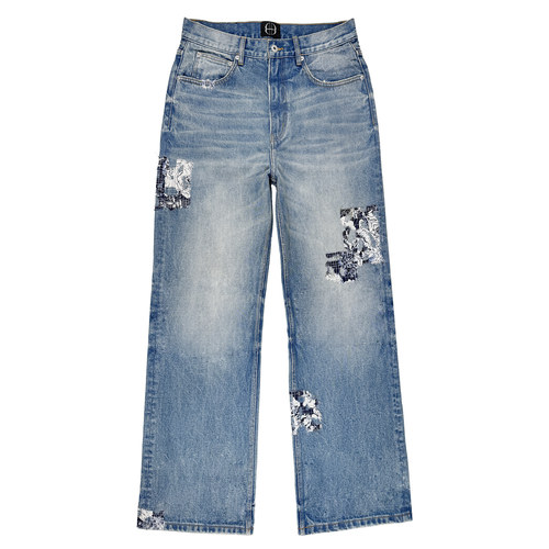 B72 原创中国风【青花蓝】火烧贴布乱针绣boro糜烂破坏牛仔裤男女