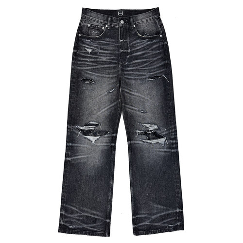 B72 蛇年限定【黑蛇妖姬】牛王水洗做旧破坏立体猫须牛仔裤男女夏