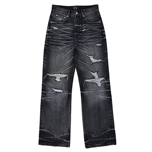 B72 原创潮牌【黑武士】牛王水洗做旧大破坏立体猫须牛仔裤男女夏