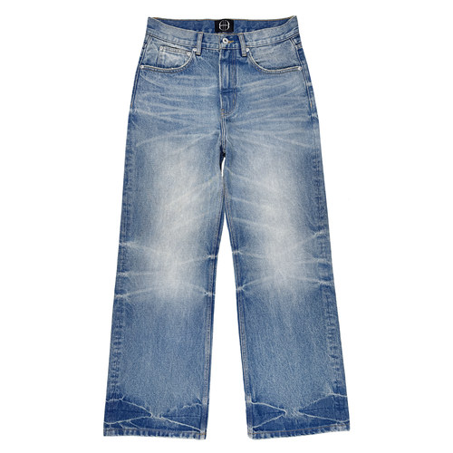 B72 原创潮牌【蓝莲花】牛王水洗做旧手工立体猫须牛仔裤男女夏季