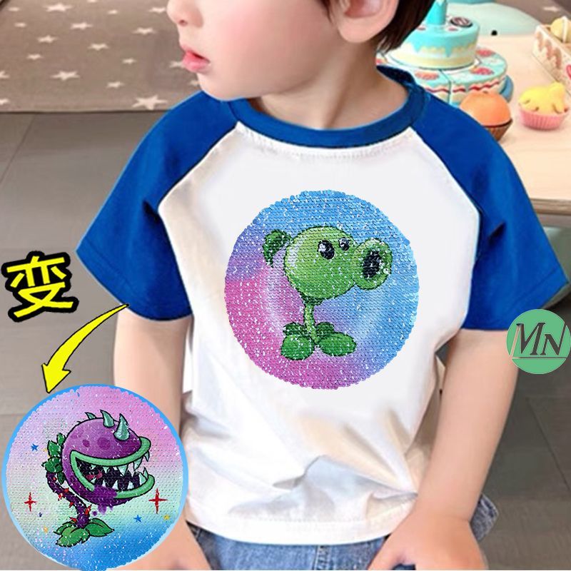 纯棉儿童插肩短袖t恤植物大战僵尸亮片变色衣服春夏款男女童上衣