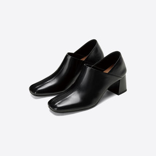 westory2025新款法式方头高跟鞋女粗跟深口单鞋百搭通勤工作鞋