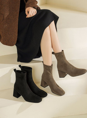 westory秋冬新款百搭弹力靴粗跟瘦瘦短靴法式气质袜靴