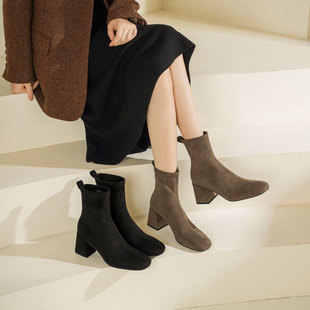 westory秋冬新款百搭弹力靴粗跟瘦瘦短靴法式气质袜靴