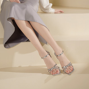 westory2025夏季新款方头细高跟鞋女仙女风气质真皮一字带凉鞋