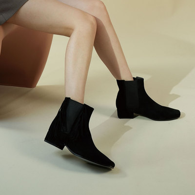 westory复古方头流苏切尔西靴