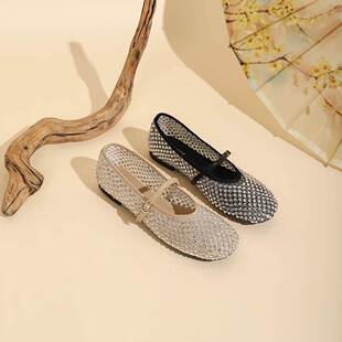 westory2024夏季新款水钻网面平底玛丽珍单鞋女芭蕾鞋晚宴鞋57711