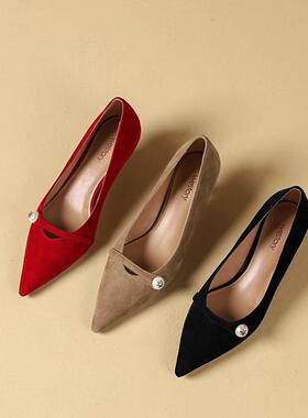 westory2024秋季新款绒面尖头中跟鞋时尚水钻单鞋职业通勤女74851