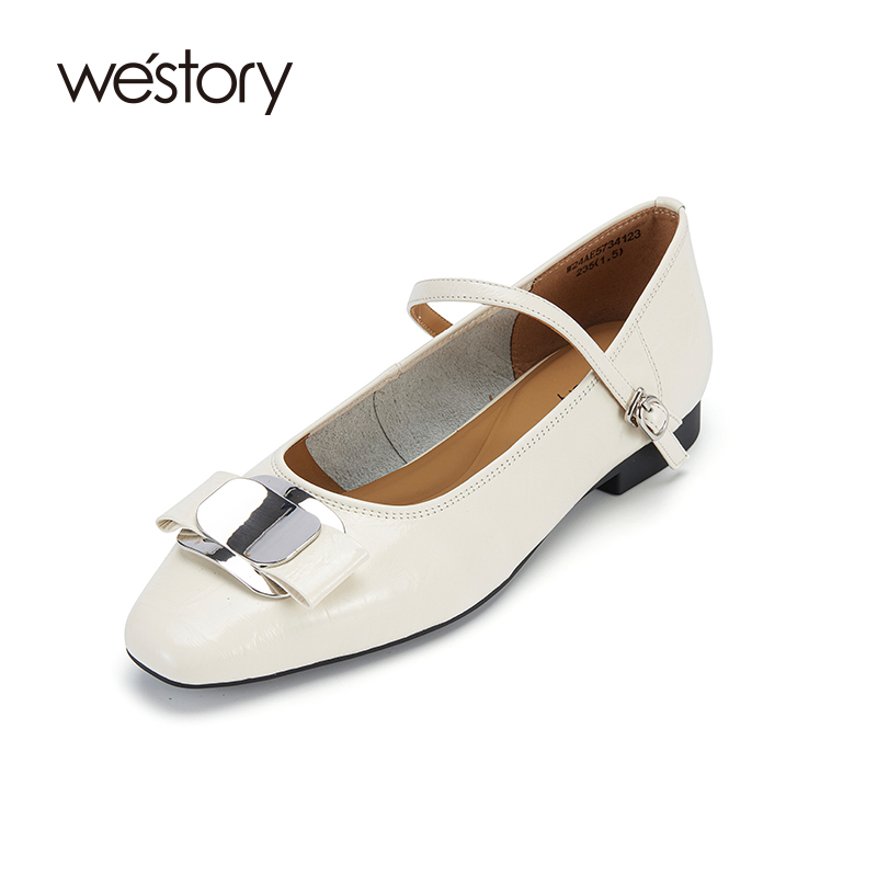 westory2024春季新款牛皮休闲玛丽珍金属扣饰减龄平底单鞋女57341