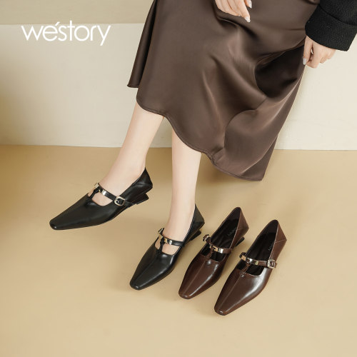 westory2026秋季新款复古风单鞋女百搭尖头玛丽珍鞋扣带平底鞋