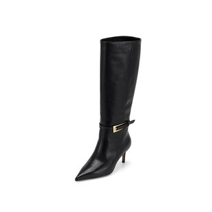 westory真皮高靴西部牛仔靴女高跟鞋尖头细跟高筒靴子