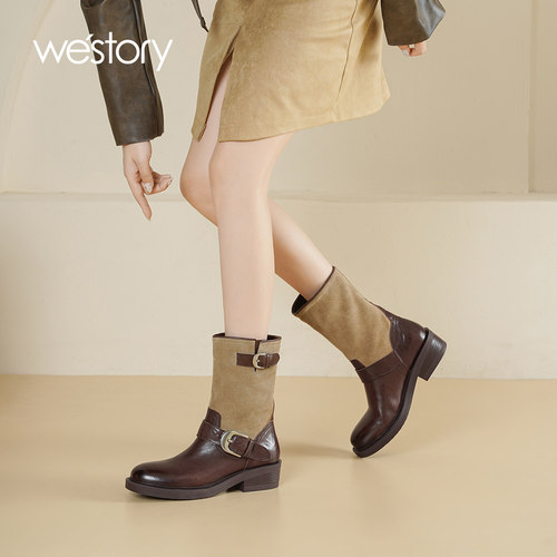 westory2026秋季新款英伦风搭扣中筒靴女秋季粗跟拼色马丁靴