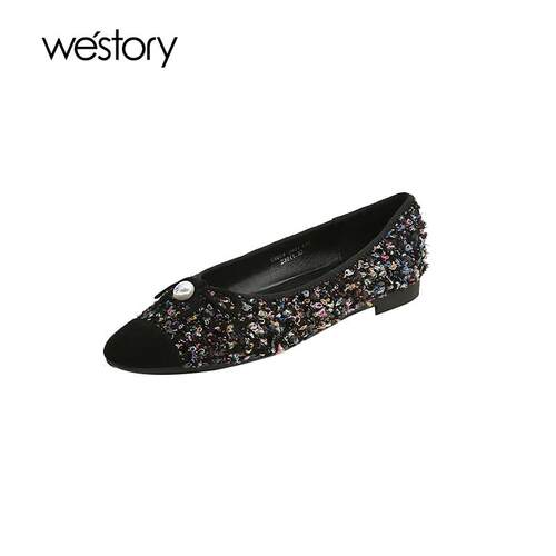 westory小香风蝴蝶结珍珠亮片鞋