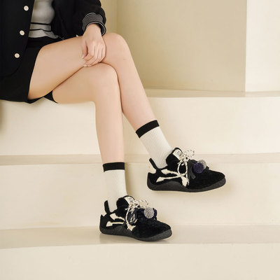 westory复古德训鞋女软底休闲鞋系带松果毛毛鞋女鞋