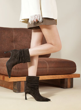 westory西部牛仔靴2025秋冬新款尖头细跟高跟短靴女通勤瘦瘦靴