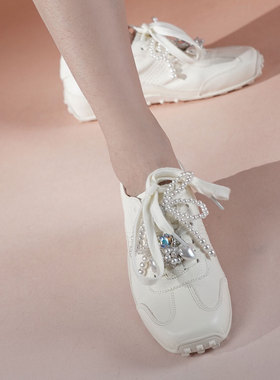 westory2025春季新款复古德训鞋韩系女真皮软底珍珠休闲小白鞋