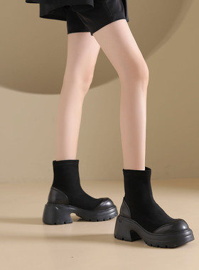 westory2025冬季新款绒面瘦瘦靴拼接短靴厚底增高弹力靴女84671