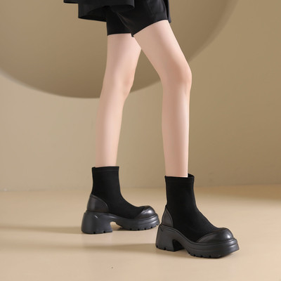 westory2025冬季新款绒面瘦瘦靴拼接短靴厚底增高弹力靴女84671